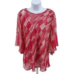 Nic+Zoe Blouse Womens S Red White Printed Split Bell Sleeve Built In Under-Tank